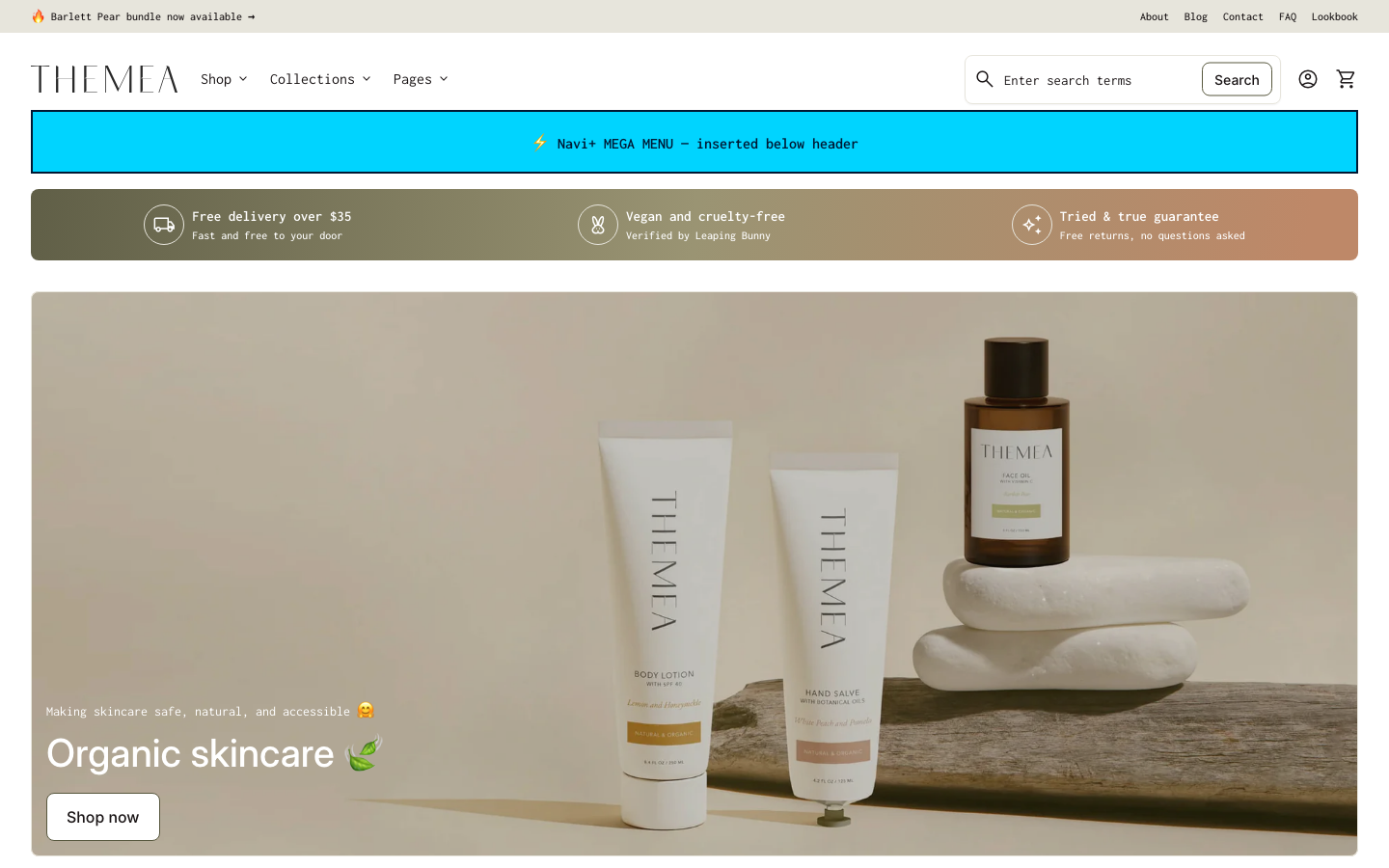 Menu inserted below header — Navi+ on the Align Shopify theme Menu inserted below header — Navi+ on the Align Shopify theme