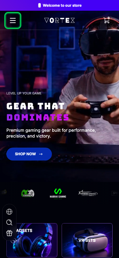 Hamburger → panel opened — Navi+ on the Ascent Shopify theme