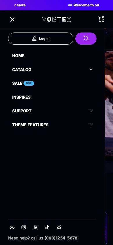 Hamburger → panel opened — Navi+ on the Ascent Shopify theme