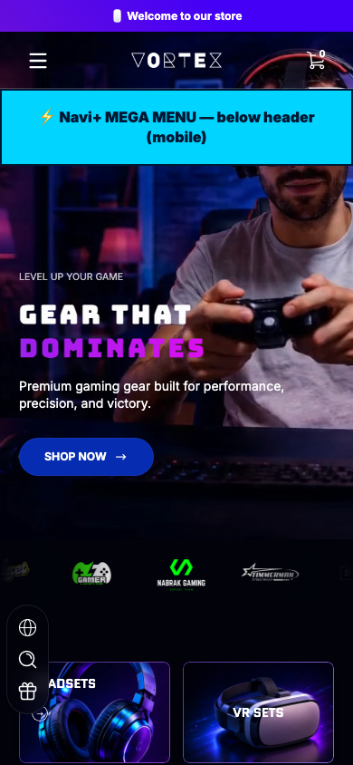 Menu inserted below header — Navi+ on the Ascent Shopify theme