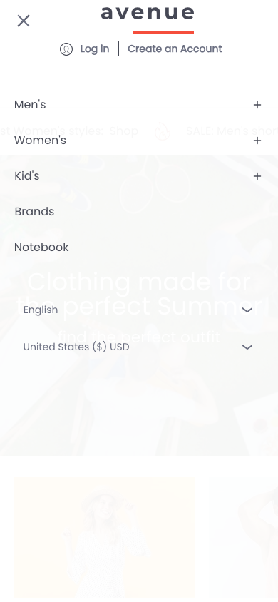 Hamburger → panel opened — Navi+ on the Avenue Shopify theme