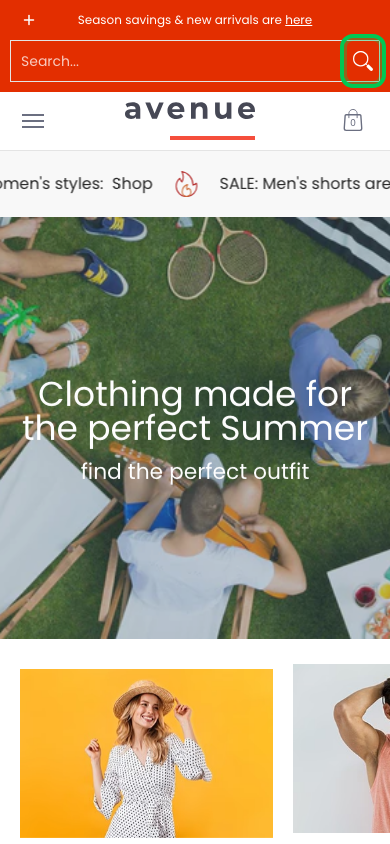Search → panel opened — Navi+ on the Avenue Shopify theme