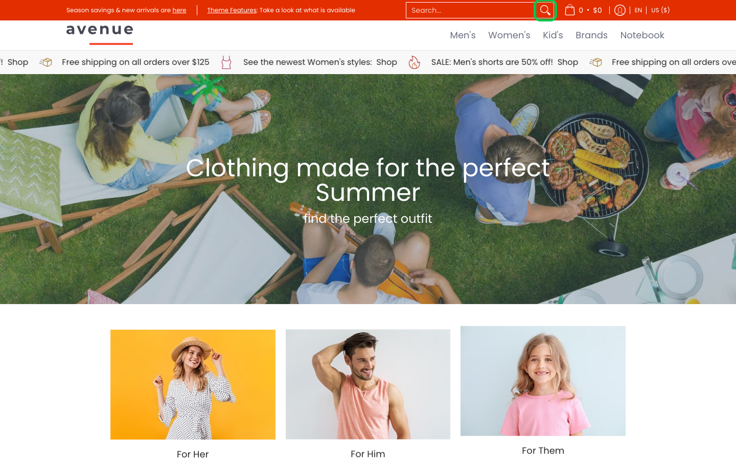 Search → panel opened — Navi+ on the Avenue Shopify theme