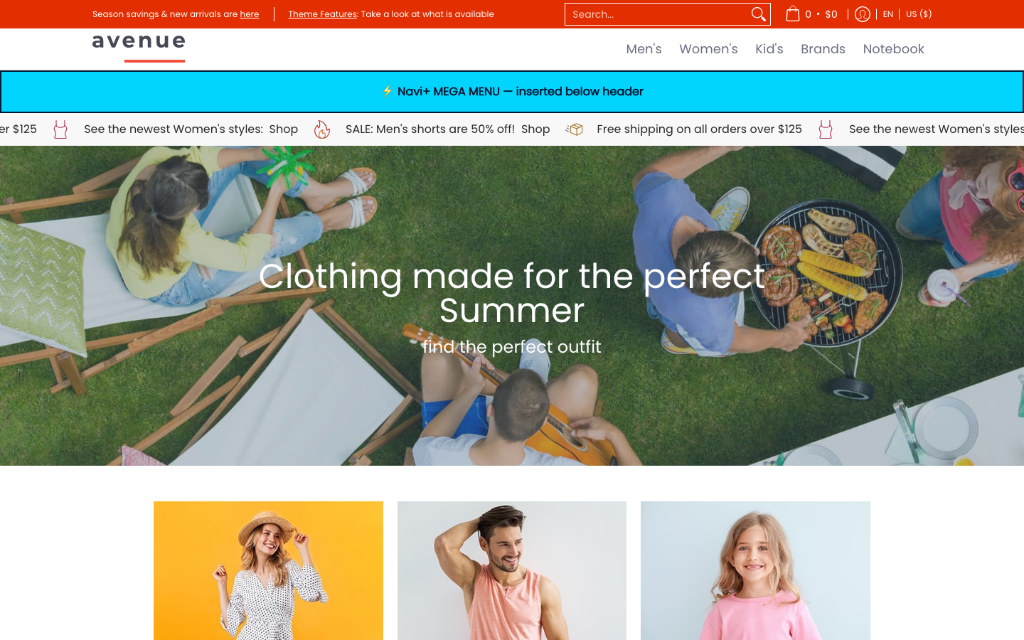 Menu inserted below header — Navi+ on the Avenue Shopify theme
