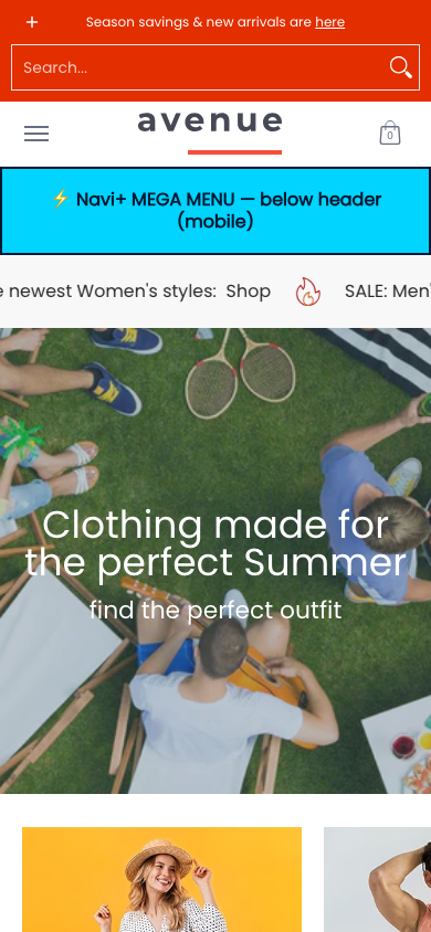 Menu inserted below header — Navi+ on the Avenue Shopify theme