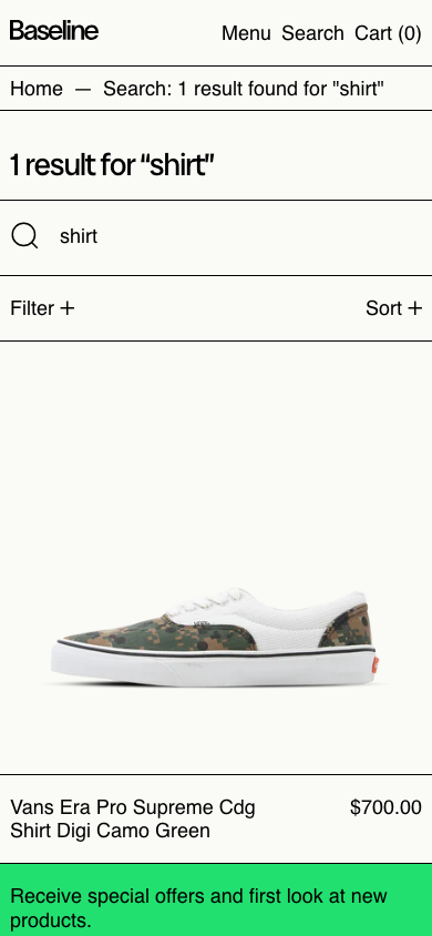 Search → panel opened — Navi+ on the Baseline Shopify theme
