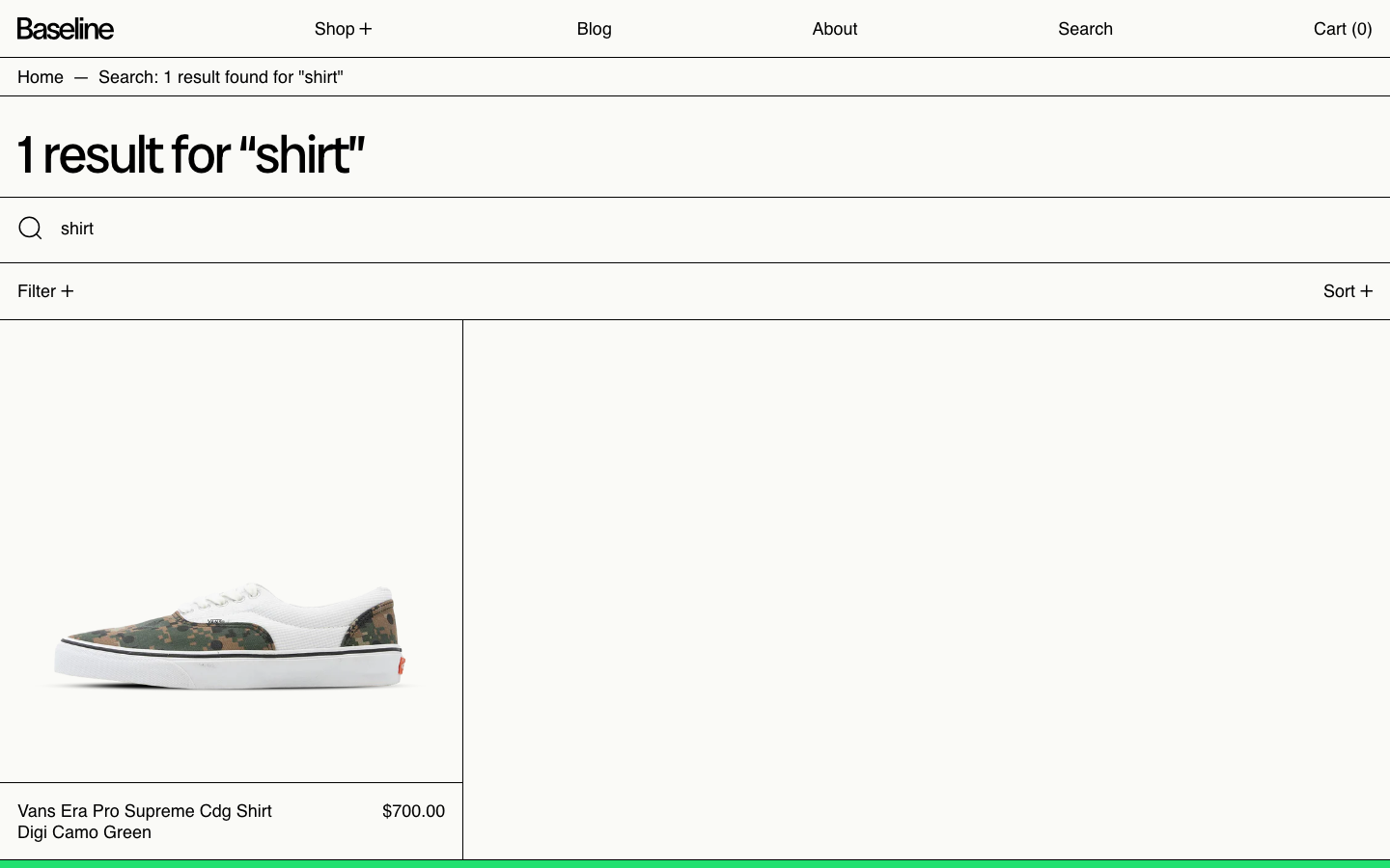 Search → panel opened — Navi+ on the Baseline Shopify theme