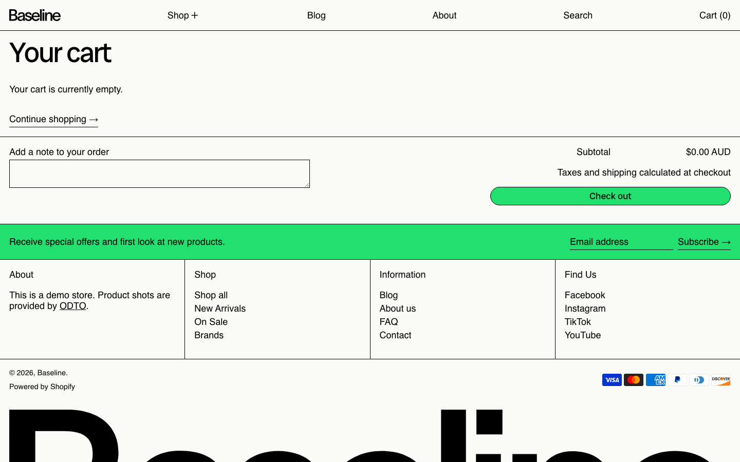 Cart → panel opened — Navi+ on the Baseline Shopify theme