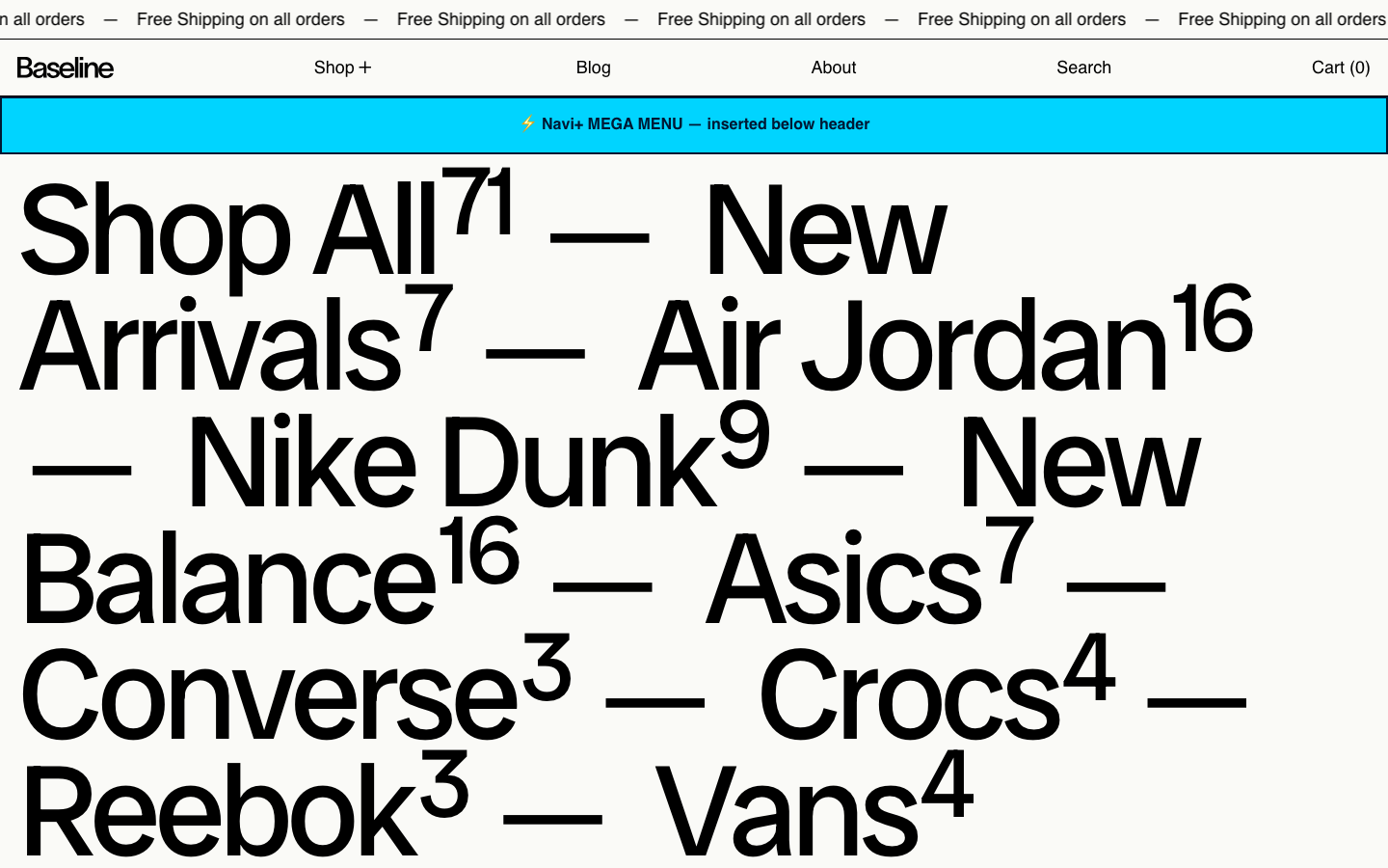Menu inserted below header — Navi+ on the Baseline Shopify theme