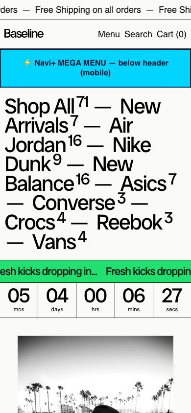 Menu inserted below header — Navi+ on the Baseline Shopify theme
