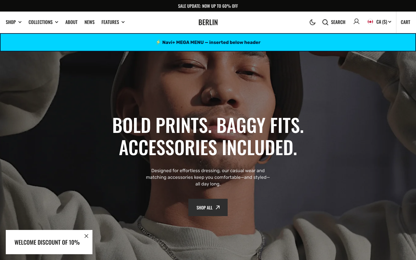 Menu inserted below header — Navi+ on the Berlin Shopify theme Menu inserted below header — Navi+ on the Berlin Shopify theme