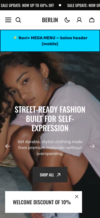 Menu inserted below header — Navi+ on the Berlin Shopify theme Menu inserted below header — Navi+ on the Berlin Shopify theme