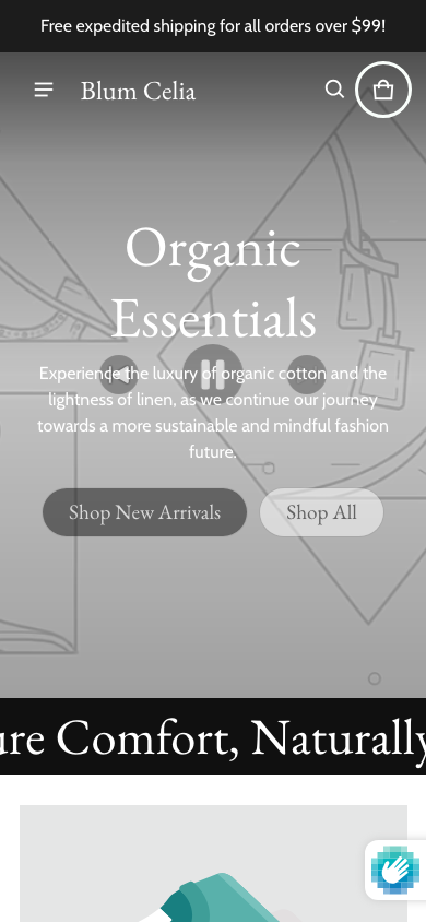 Cart → panel opened — Navi+ on the Blum Shopify theme