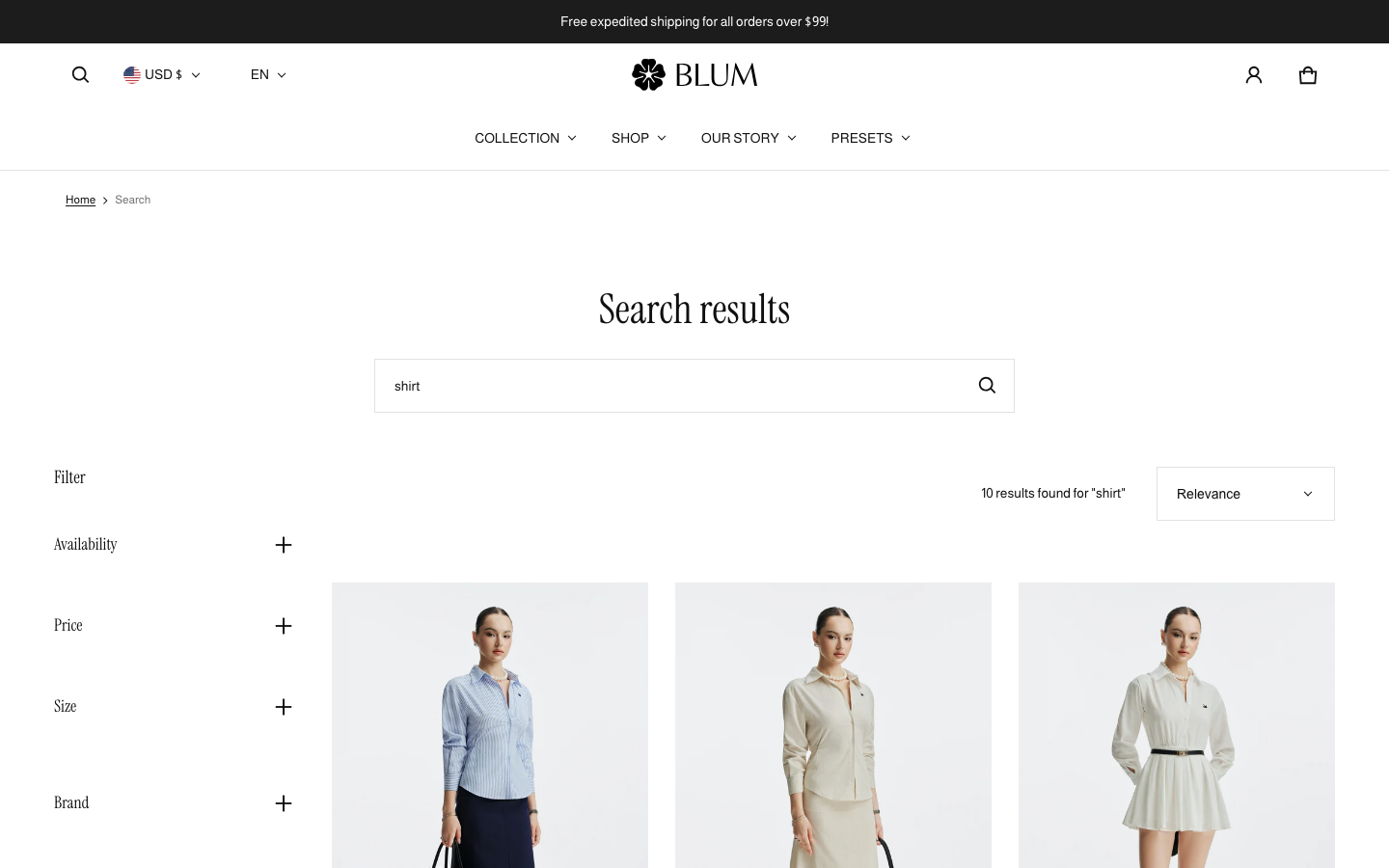 Search → panel opened — Navi+ on the Blum Shopify theme