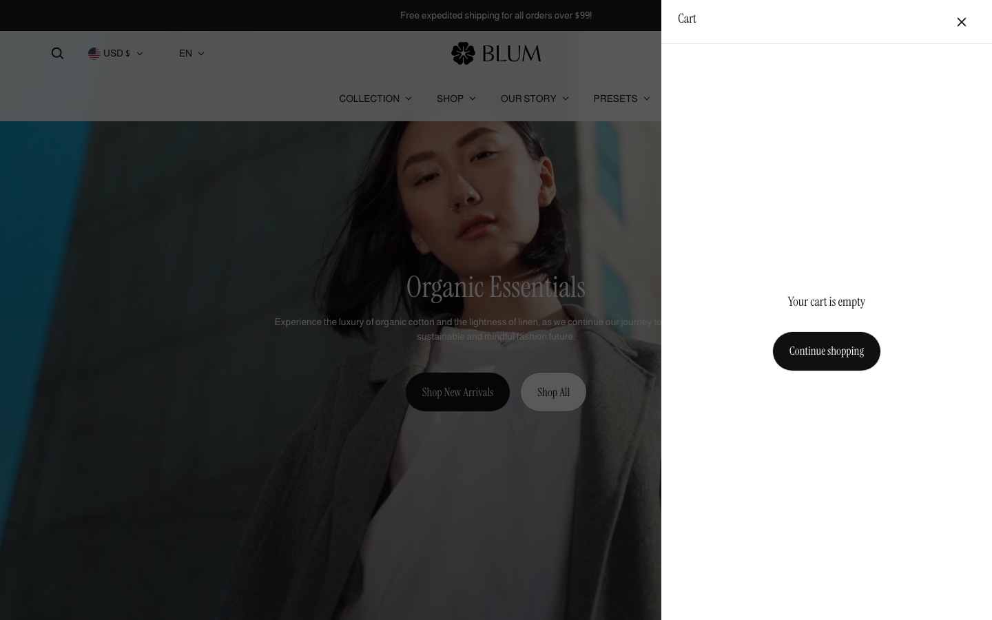 Cart → panel opened — Navi+ on the Blum Shopify theme