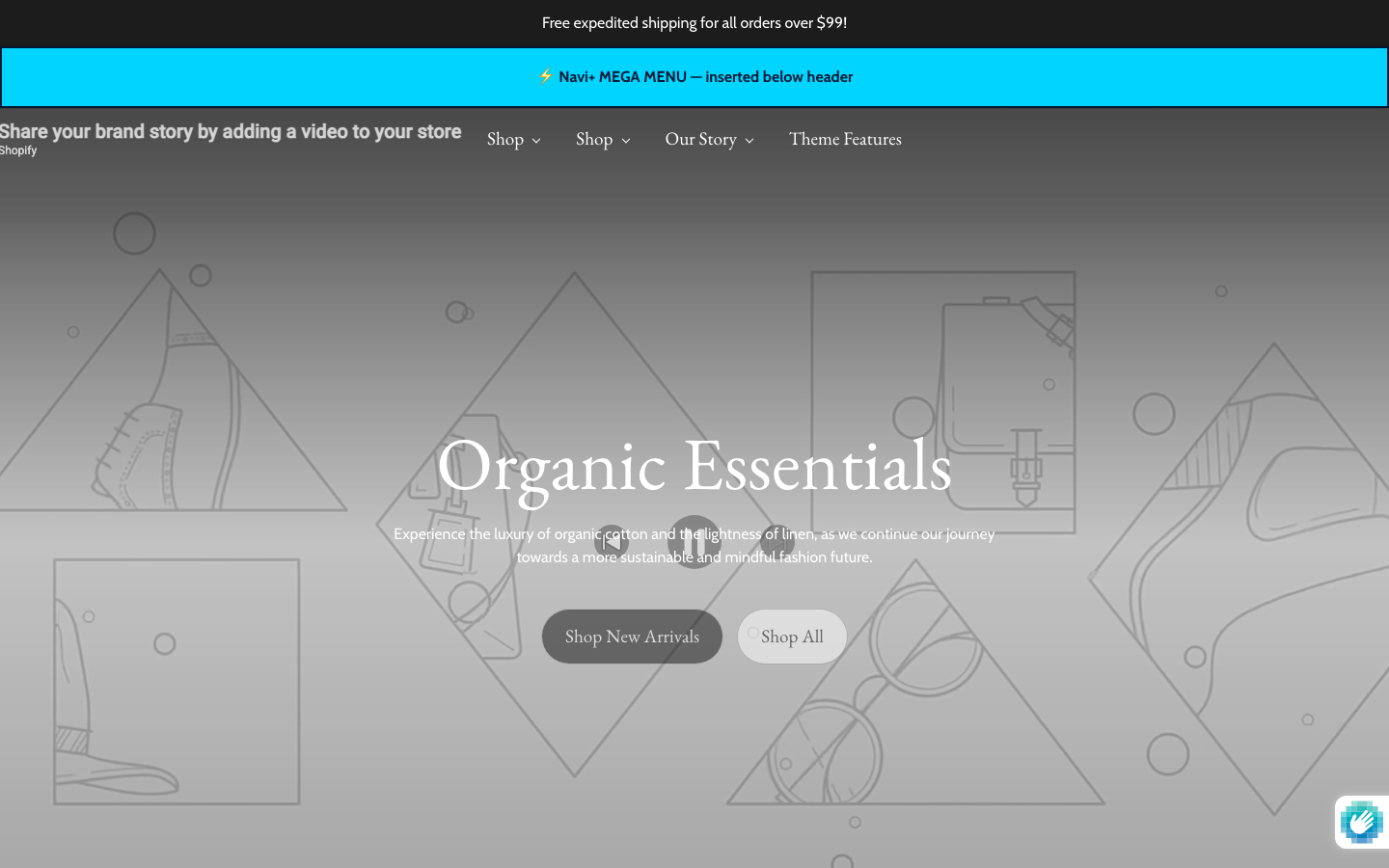 Menu inserted below header — Navi+ on the Blum Shopify theme
