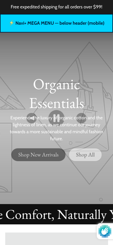 Menu inserted below header — Navi+ on the Blum Shopify theme