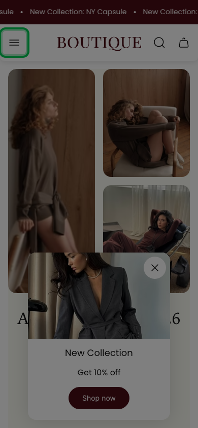 Hamburger → panel opened — Navi+ on the Boutique Shopify theme Hamburger → panel opened — Navi+ on the Boutique Shopify theme