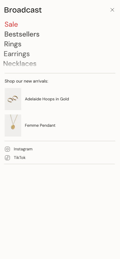 Hamburger → panel opened — Navi+ on the Broadcast Shopify theme