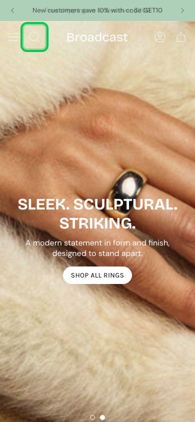 Search → panel opened — Navi+ on the Broadcast Shopify theme