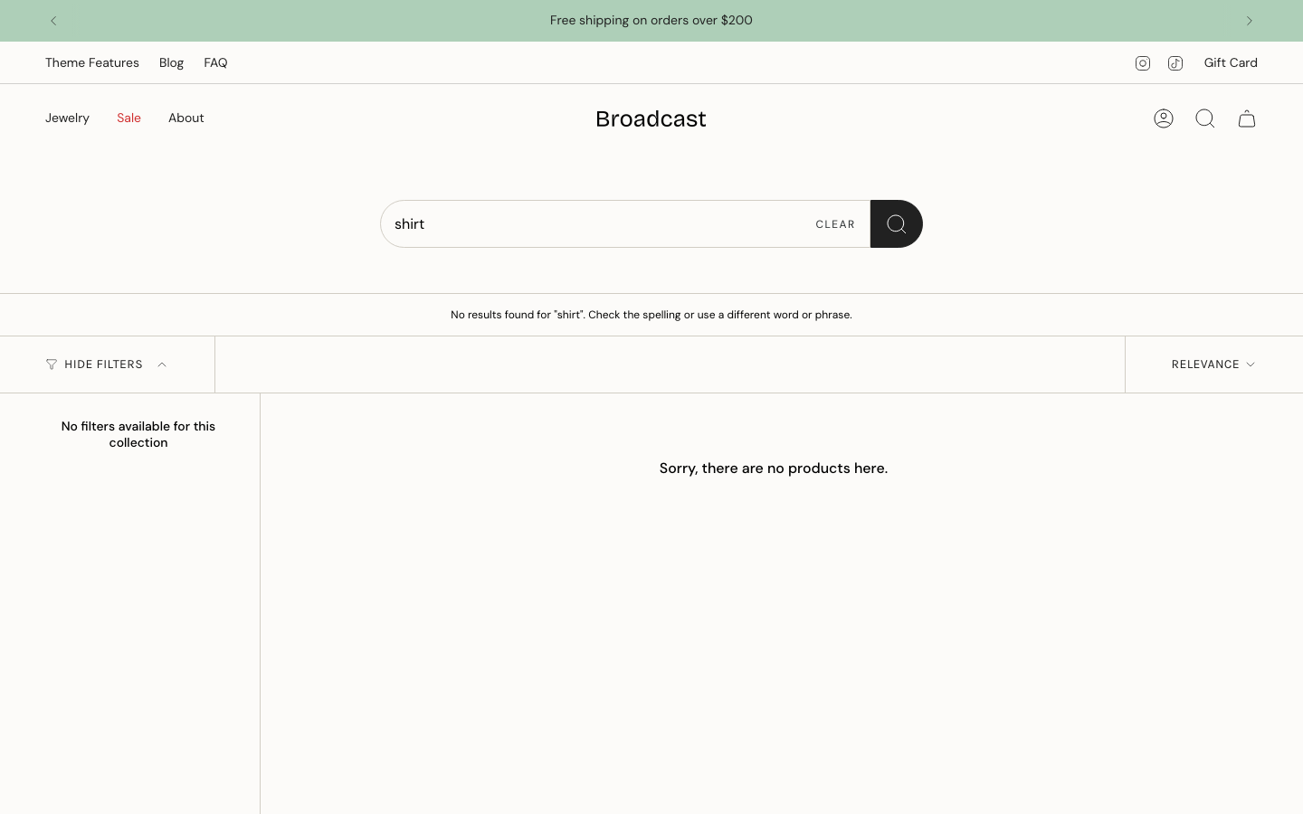 Search → panel opened — Navi+ on the Broadcast Shopify theme