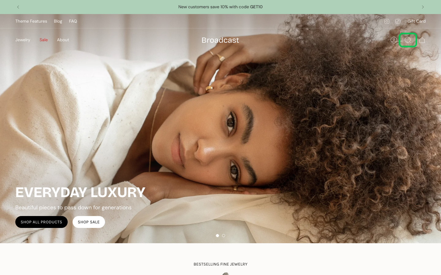 Search → panel opened — Navi+ on the Broadcast Shopify theme