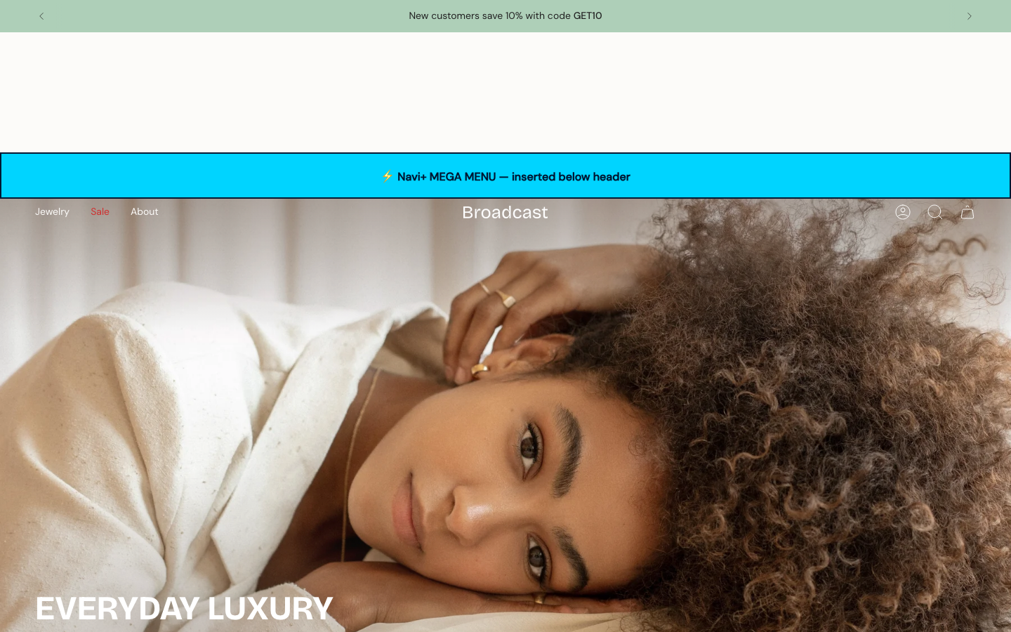Menu inserted below header — Navi+ on the Broadcast Shopify theme