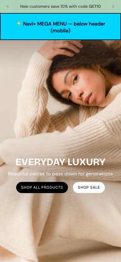 Menu inserted below header — Navi+ on the Broadcast Shopify theme