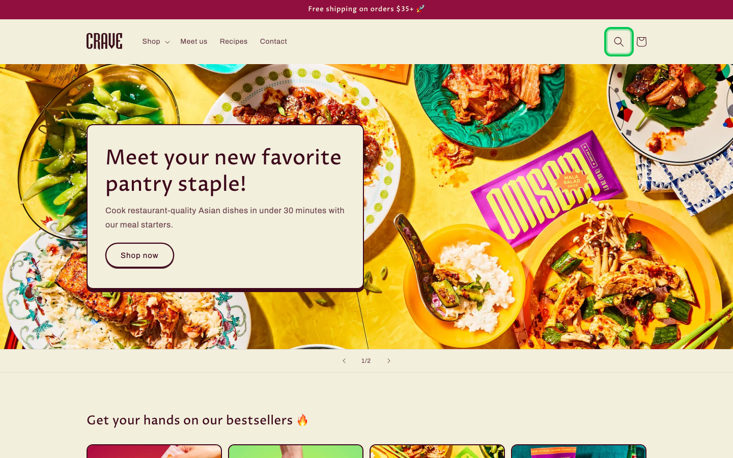 Search → panel opened — Navi+ on the Crave Shopify theme