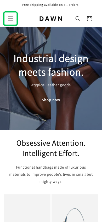 Hamburger → panel opened — Navi+ on the Dawn Shopify theme