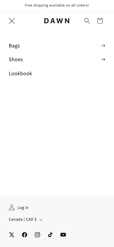 Hamburger → panel opened — Navi+ on the Dawn Shopify theme