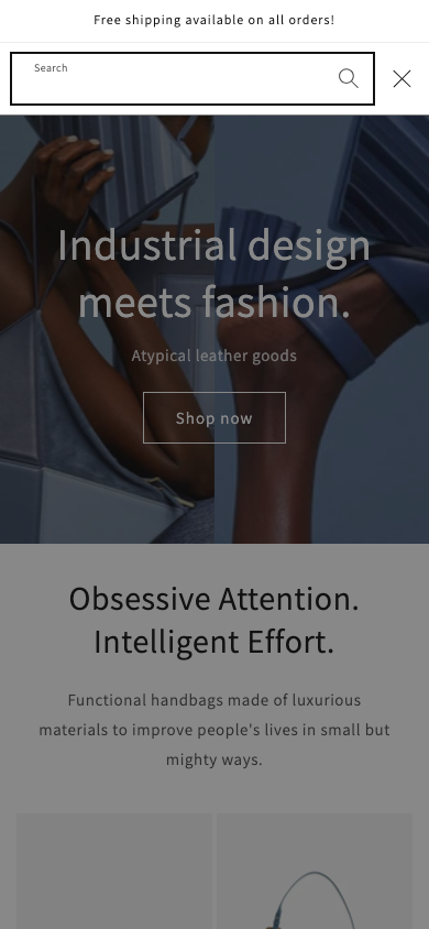 Search → panel opened — Navi+ on the Dawn Shopify theme