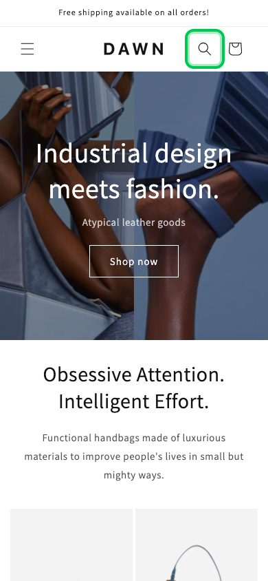 Search → panel opened — Navi+ on the Dawn Shopify theme
