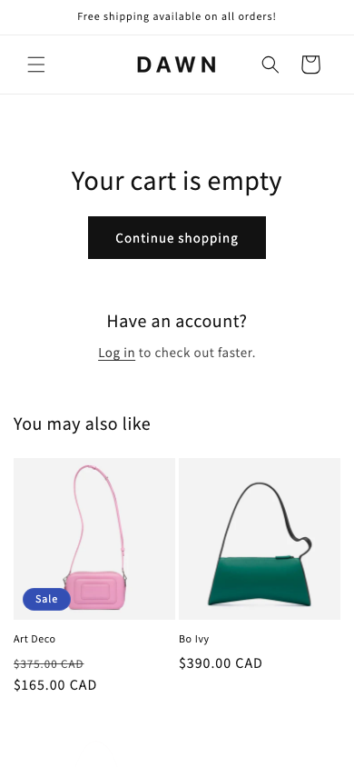 Cart → panel opened — Navi+ on the Dawn Shopify theme