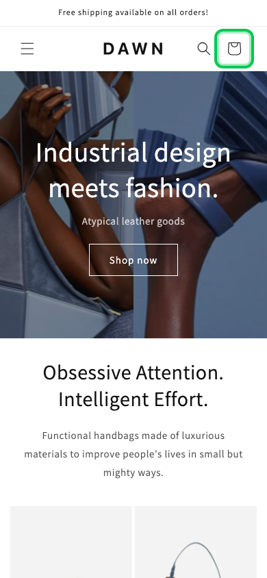 Cart → panel opened — Navi+ on the Dawn Shopify theme