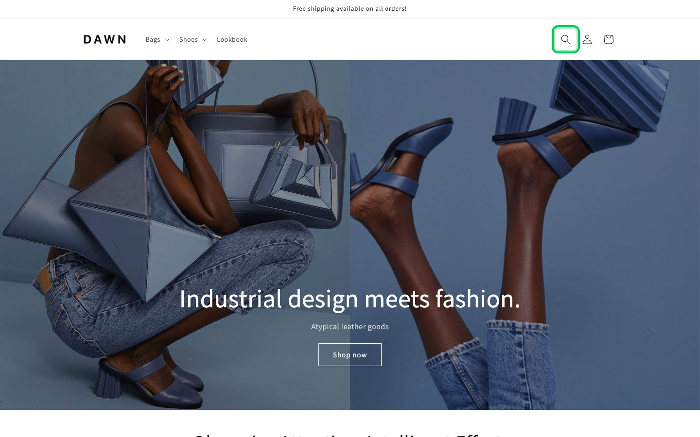 Search → panel opened — Navi+ on the Dawn Shopify theme
