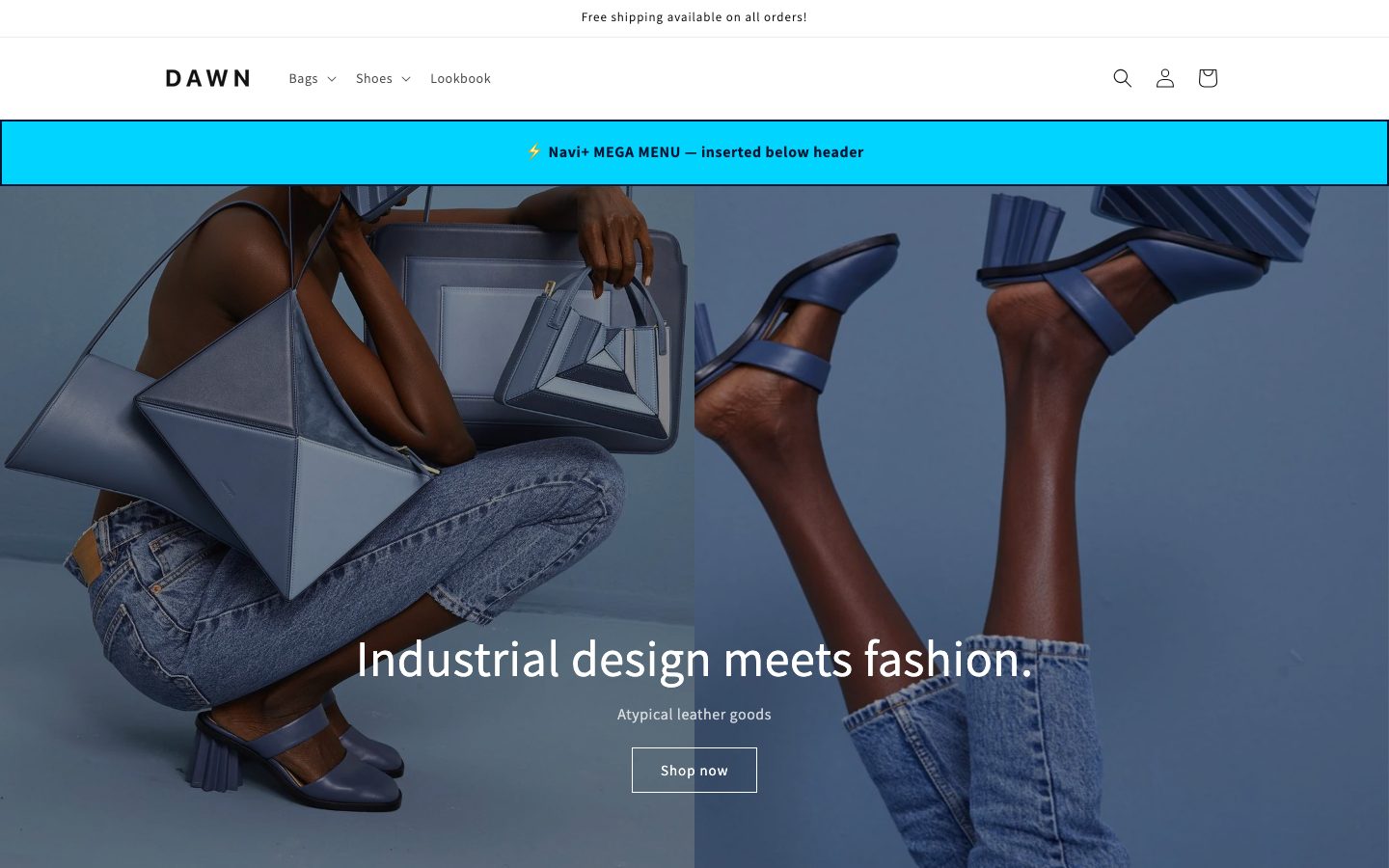 Menu inserted below header — Navi+ on the Dawn Shopify theme