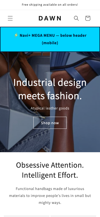 Menu inserted below header — Navi+ on the Dawn Shopify theme