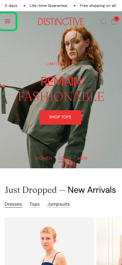 Hamburger → panel opened — Navi+ on the Distinctive Shopify theme