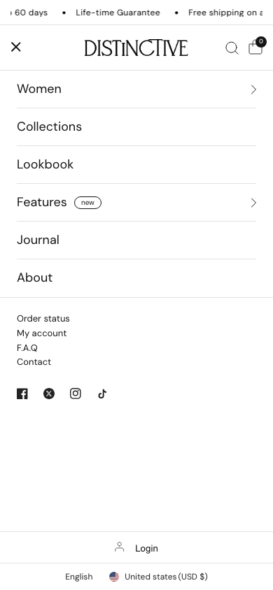 Hamburger → panel opened — Navi+ on the Distinctive Shopify theme