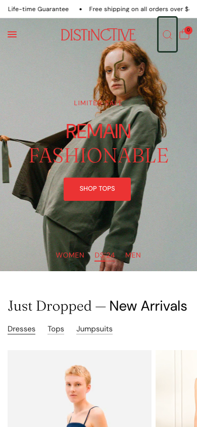 Search → panel opened — Navi+ on the Distinctive Shopify theme