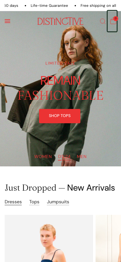 Cart → panel opened — Navi+ on the Distinctive Shopify theme