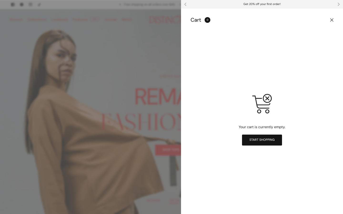 Cart → panel opened — Navi+ on the Distinctive Shopify theme