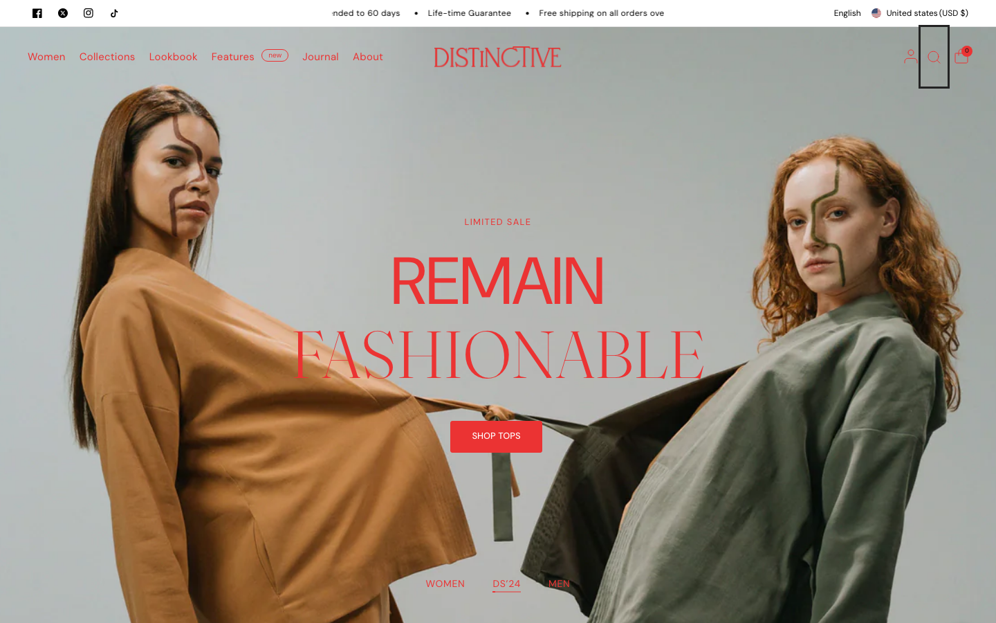 Search → panel opened — Navi+ on the Distinctive Shopify theme