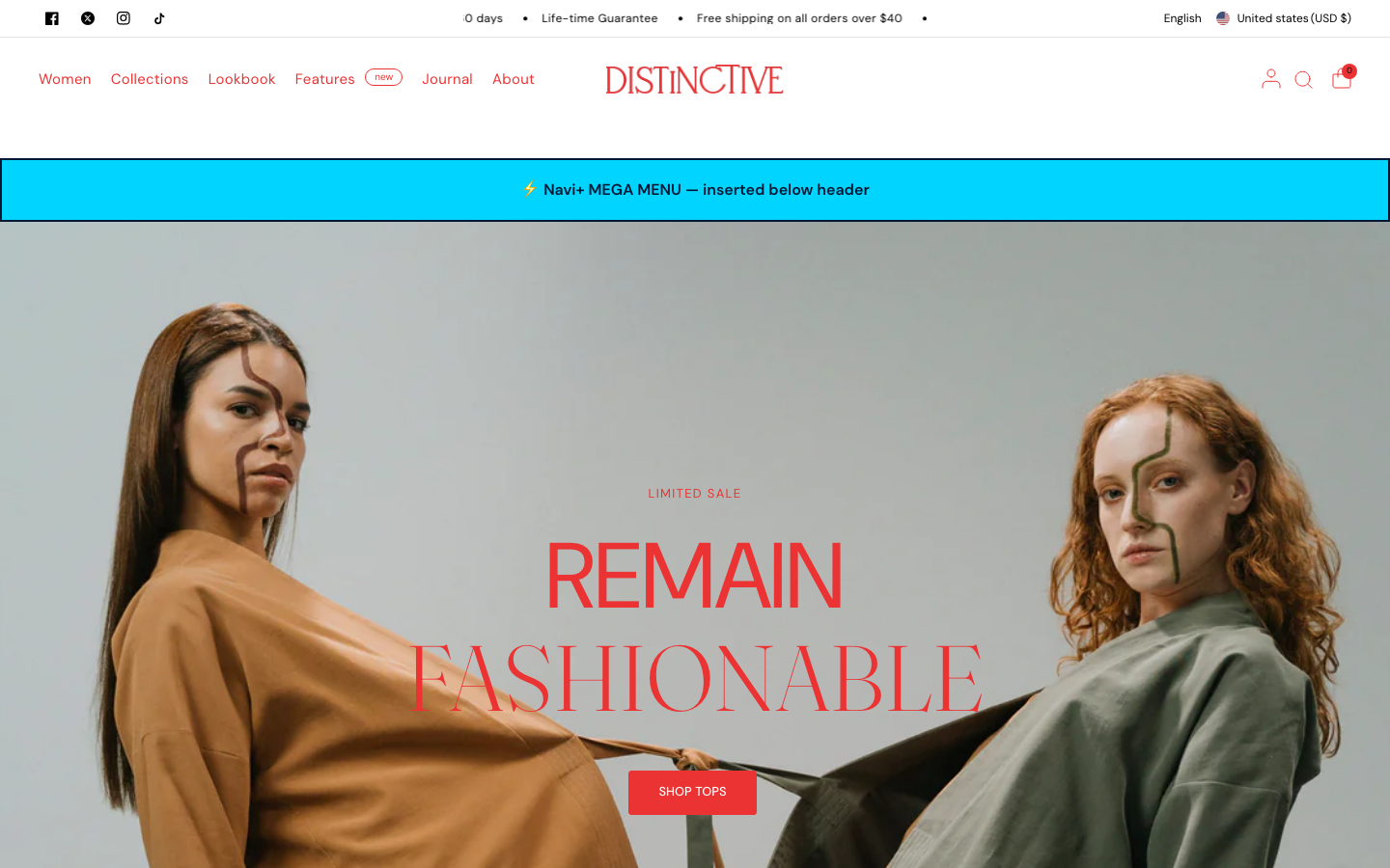 Menu inserted below header — Navi+ on the Distinctive Shopify theme