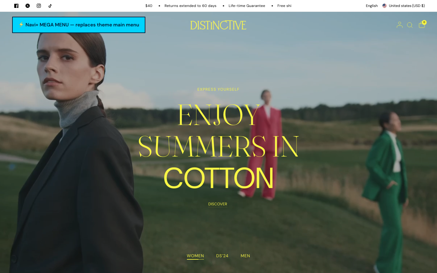 Replace main menu — Navi+ on the Distinctive Shopify theme