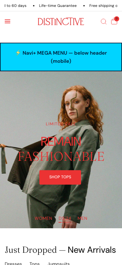 Menu inserted below header — Navi+ on the Distinctive Shopify theme