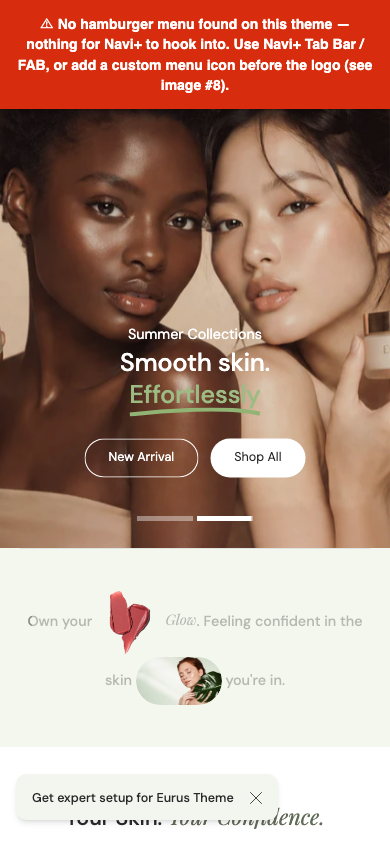 Hamburger → panel opened — Navi+ on the Eurus Shopify theme