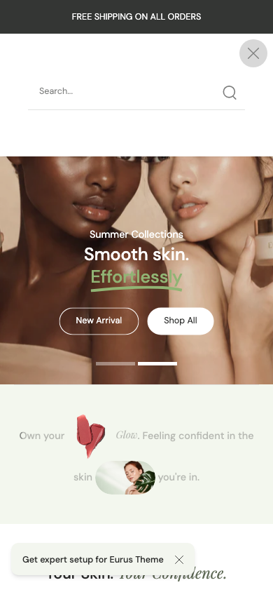 Search → panel opened — Navi+ on the Eurus Shopify theme