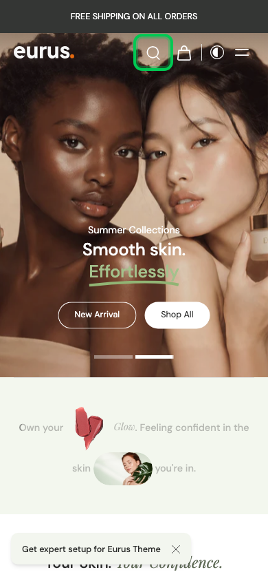 Search → panel opened — Navi+ on the Eurus Shopify theme